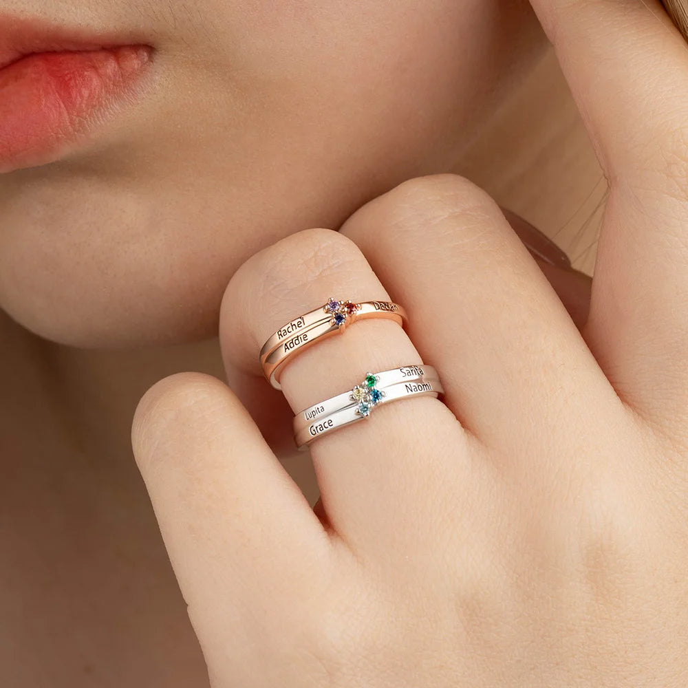 Family Birthstone Personalized 1-8 Names Engraving Ring, Mothers Ring