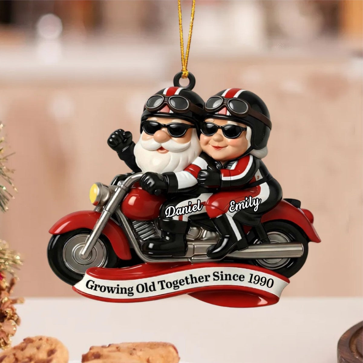 Growing Old Together, Motorcycle Santa Claus Figures - Personalized Couple Ornament