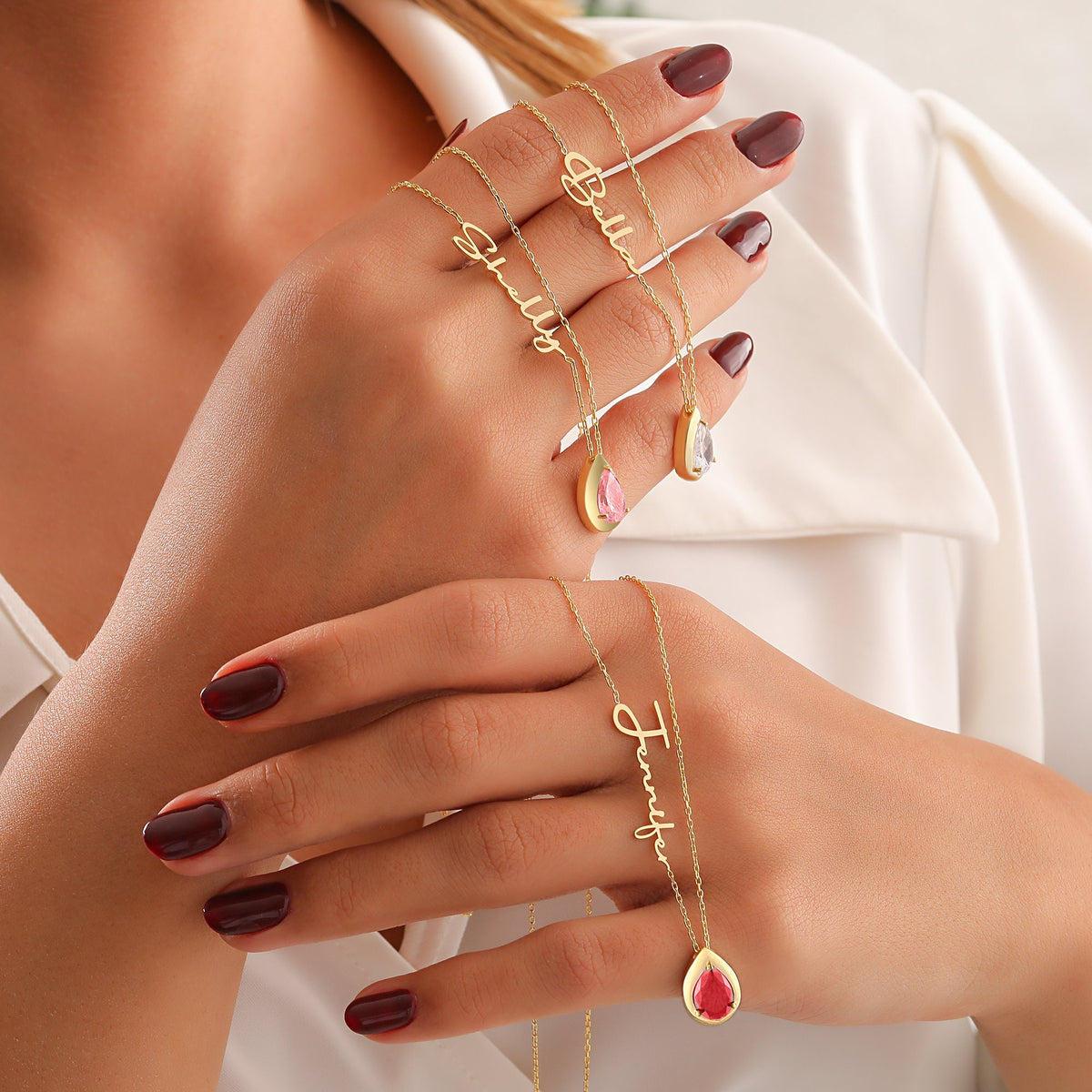 Custom Personalized Diamond Birthstone, Teardrop Stone with Name Necklace, Multi Gemstone Pendant for Her