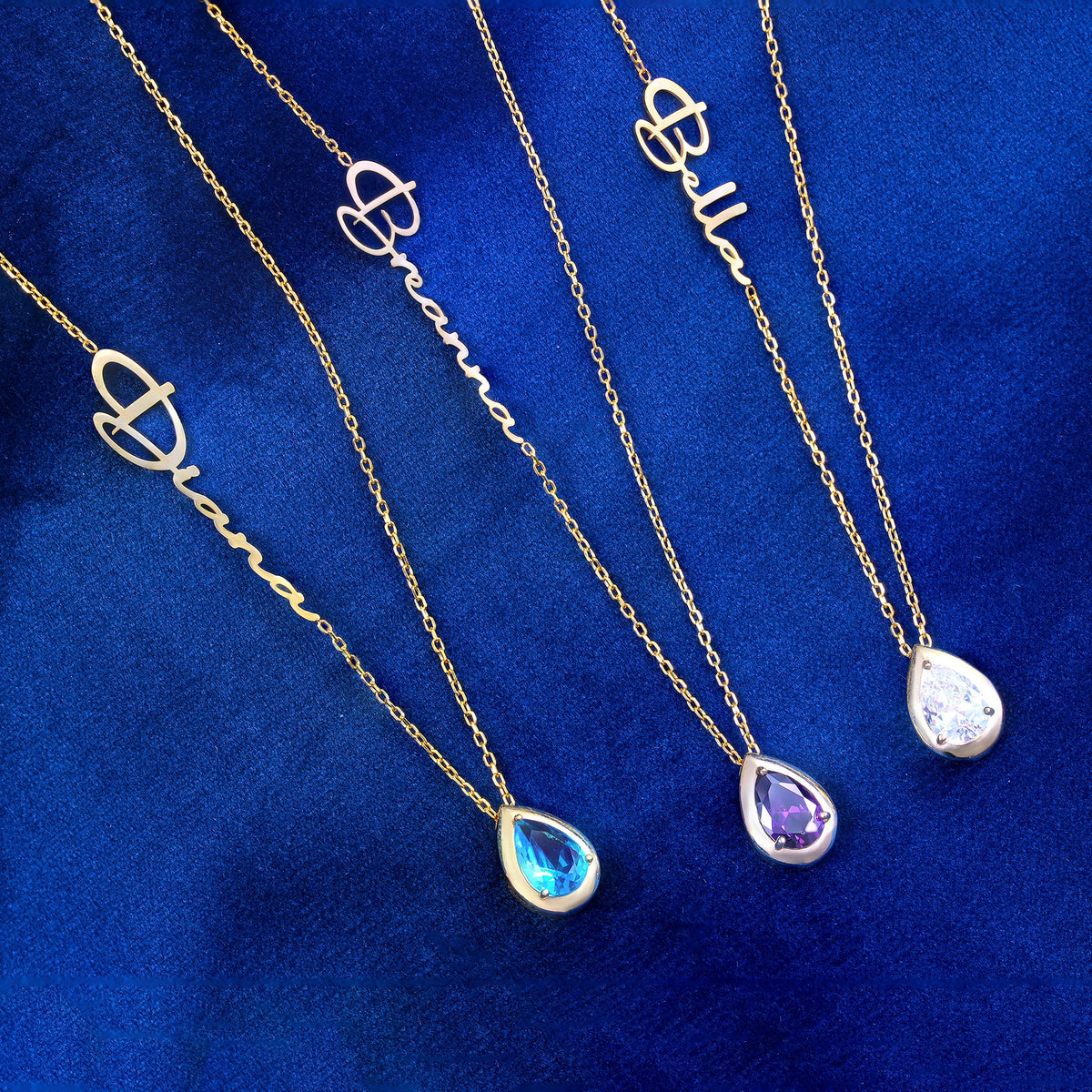 Custom Personalized Diamond Birthstone, Teardrop Stone with Name Necklace, Multi Gemstone Pendant for Her