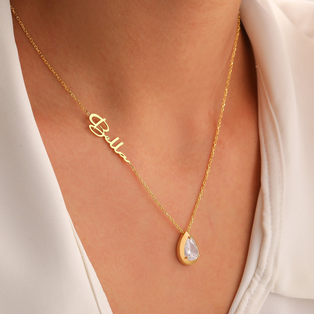 Custom Personalized Diamond Birthstone, Teardrop Stone with Name Necklace, Multi Gemstone Pendant for Her