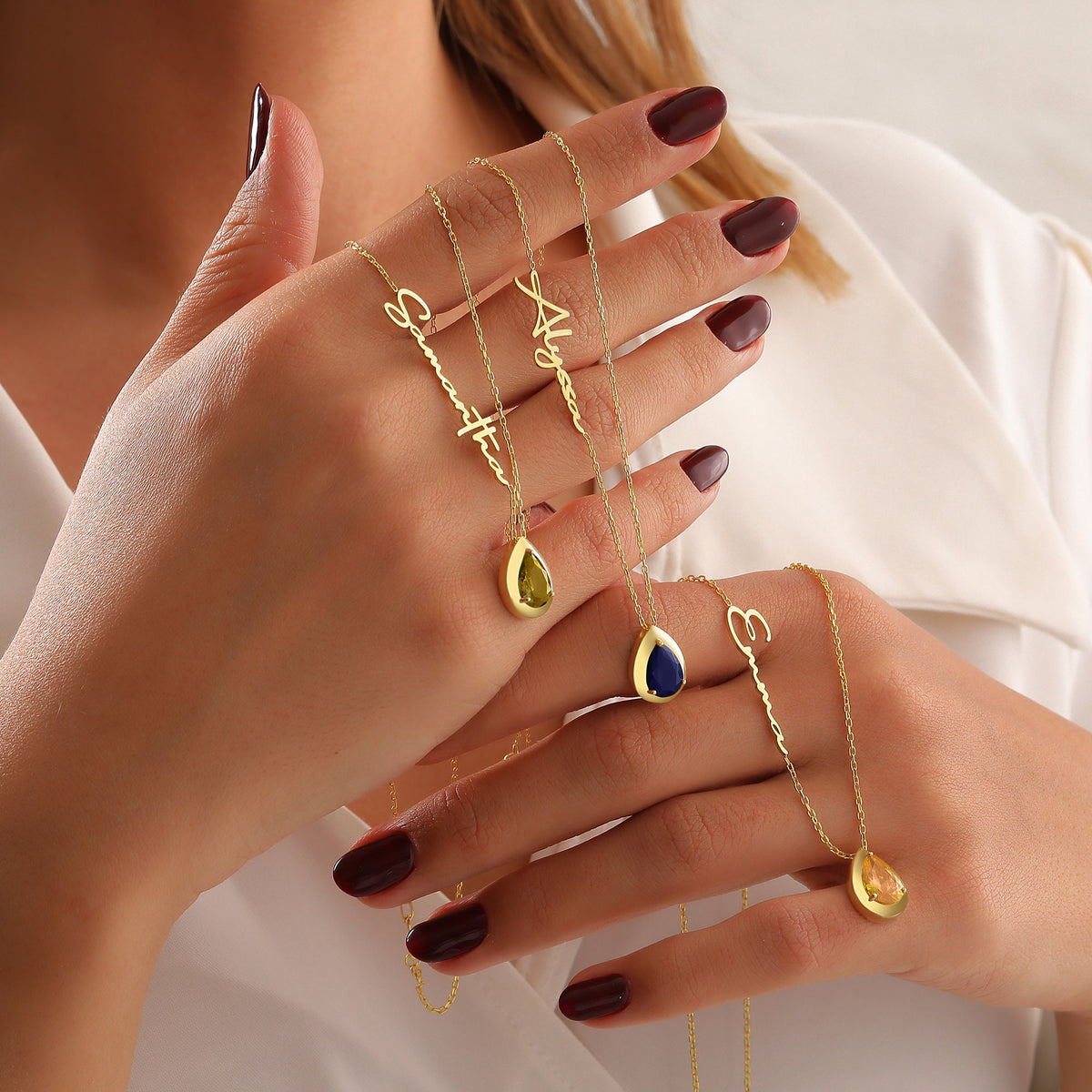 Custom Personalized Diamond Birthstone, Teardrop Stone with Name Necklace, Multi Gemstone Pendant for Her