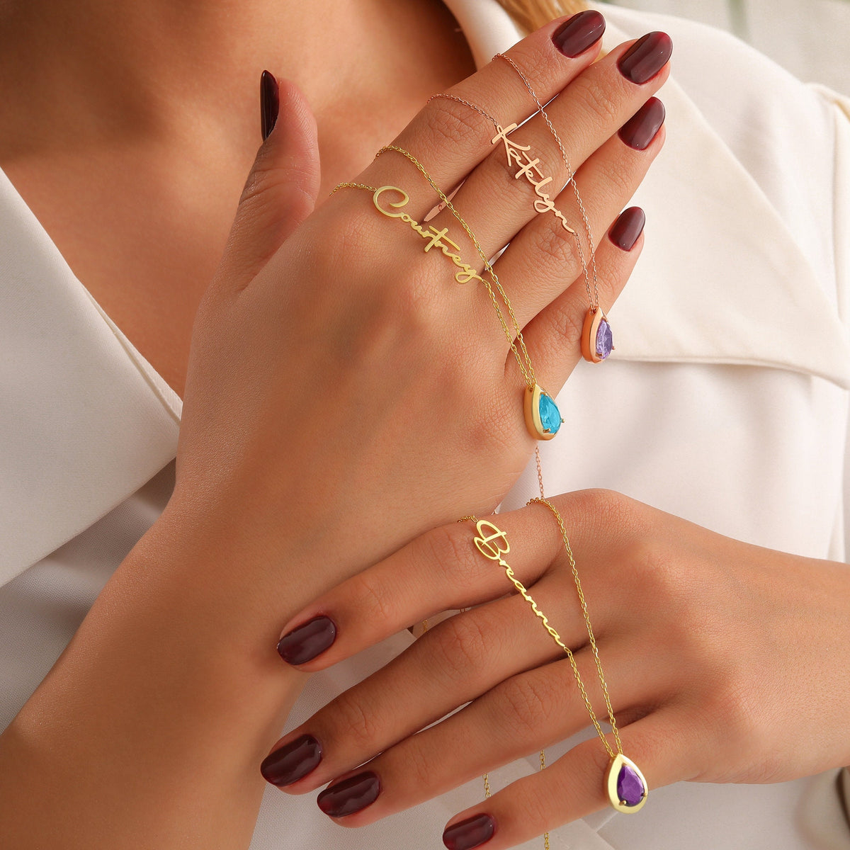 Custom Personalized Diamond Birthstone, Teardrop Stone with Name Necklace, Multi Gemstone Pendant for Her