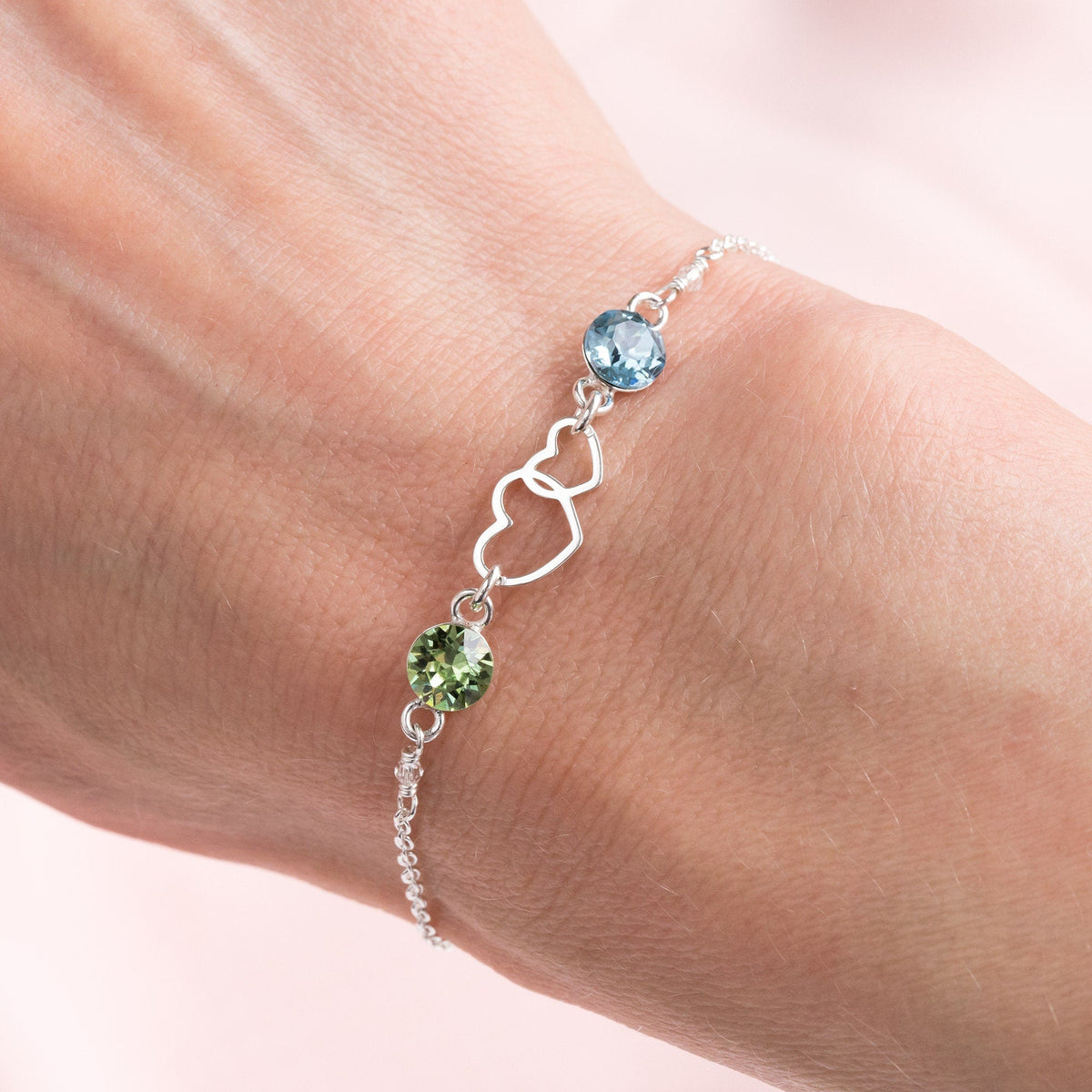 Personalized Double Heart Two Birthstone Bracelet