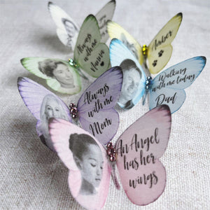 Personalized Silk Butterfly Memorial Brooch Pin with Words Photo and Crystal