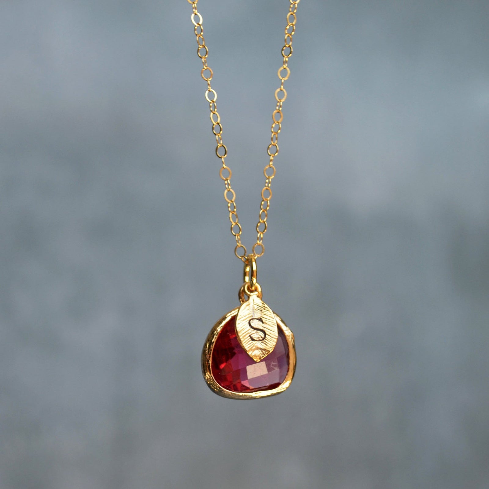 Personalized Birthstone Initial Leaves Necklace