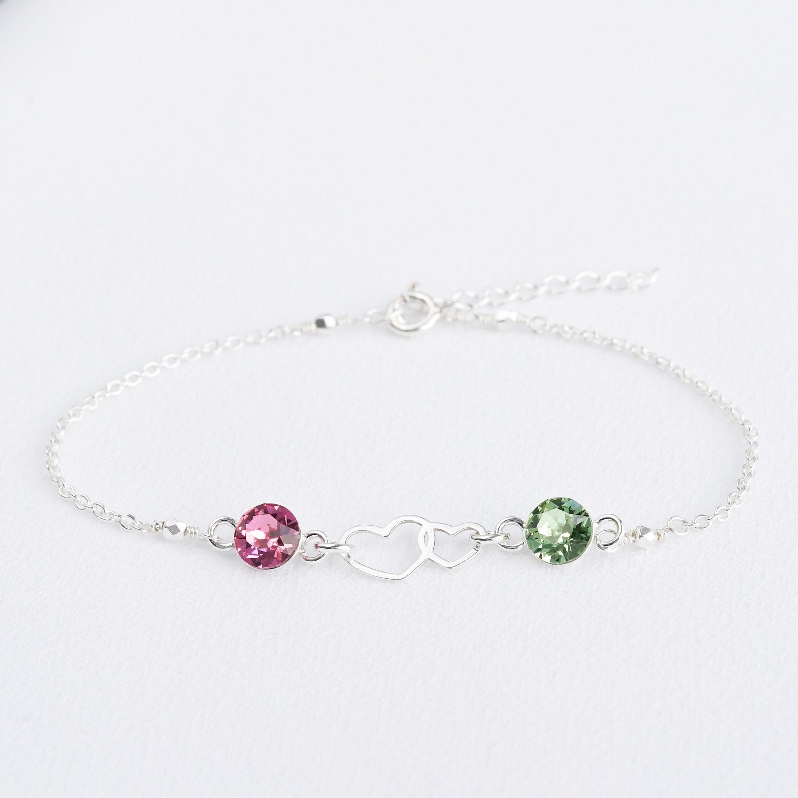 Personalized Double Heart Two Birthstone Bracelet