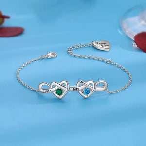 Personalized Linked Heart Bracelet With Birthstones Engraved Name