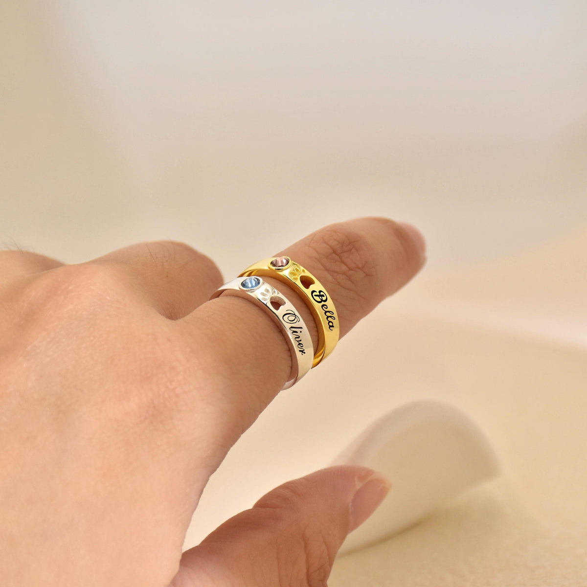 Personalized Pet Name With Birthstone Pet Paw Ring Memorial Gift For Dog Mom