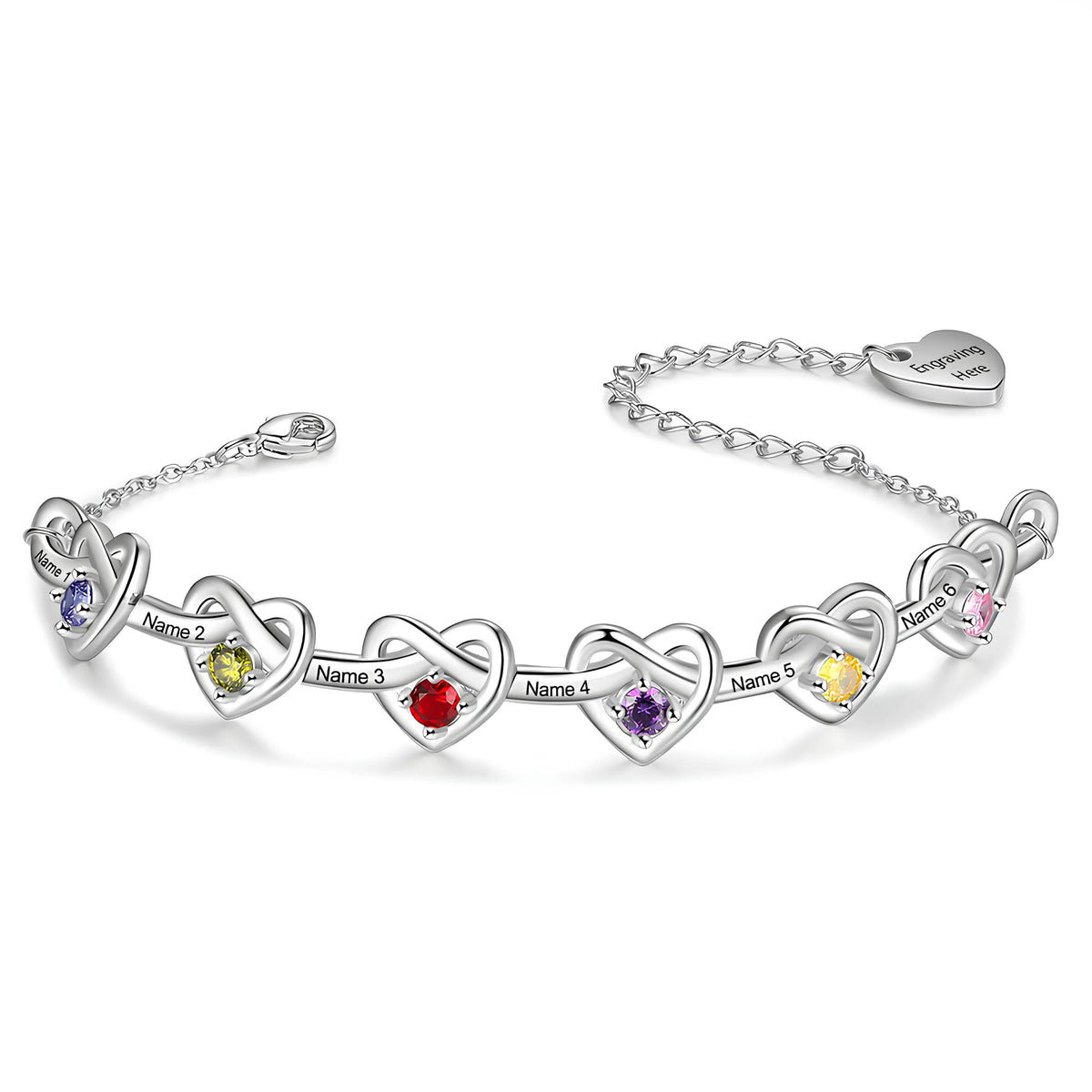 Personalized Linked Heart Bracelet With Birthstones Engraved Name
