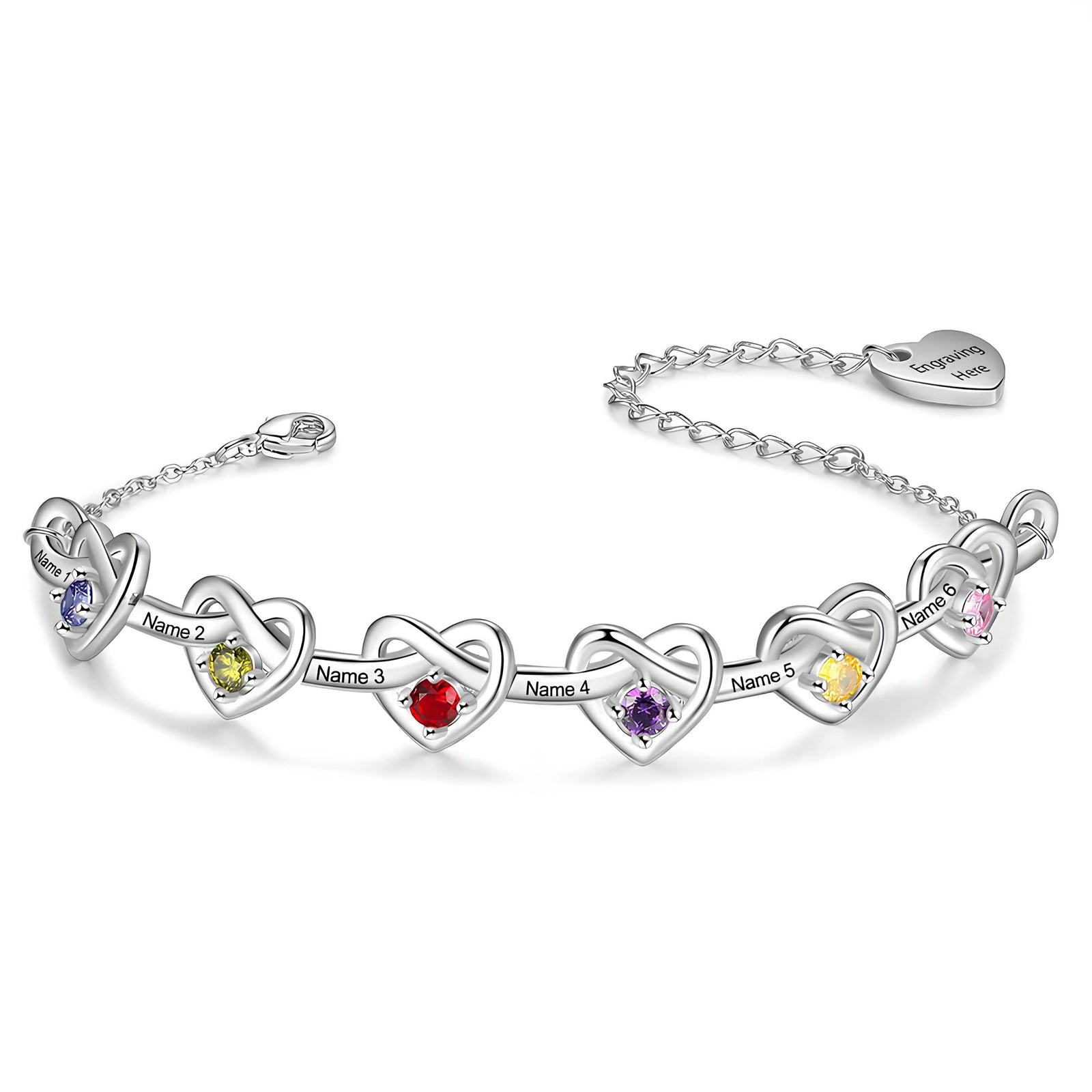 Personalized Linked Heart Bracelet With Birthstones Engraved Name