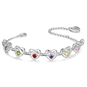 Personalized Linked Heart Bracelet With Birthstones Engraved Name