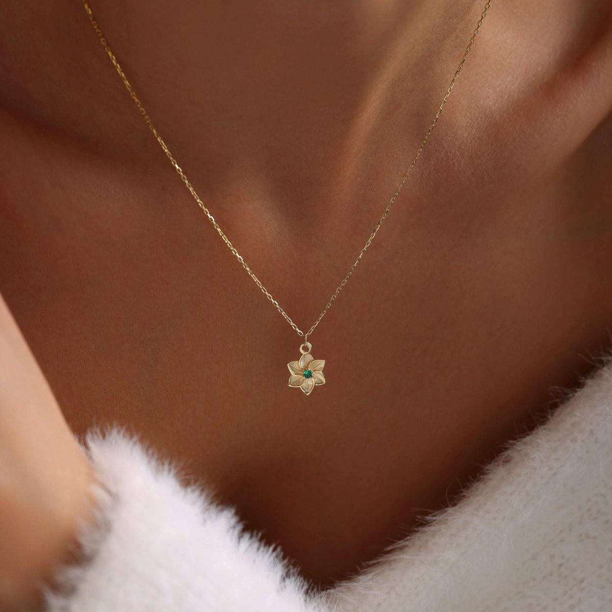 Gold Birth Flower Necklace with Birthstone