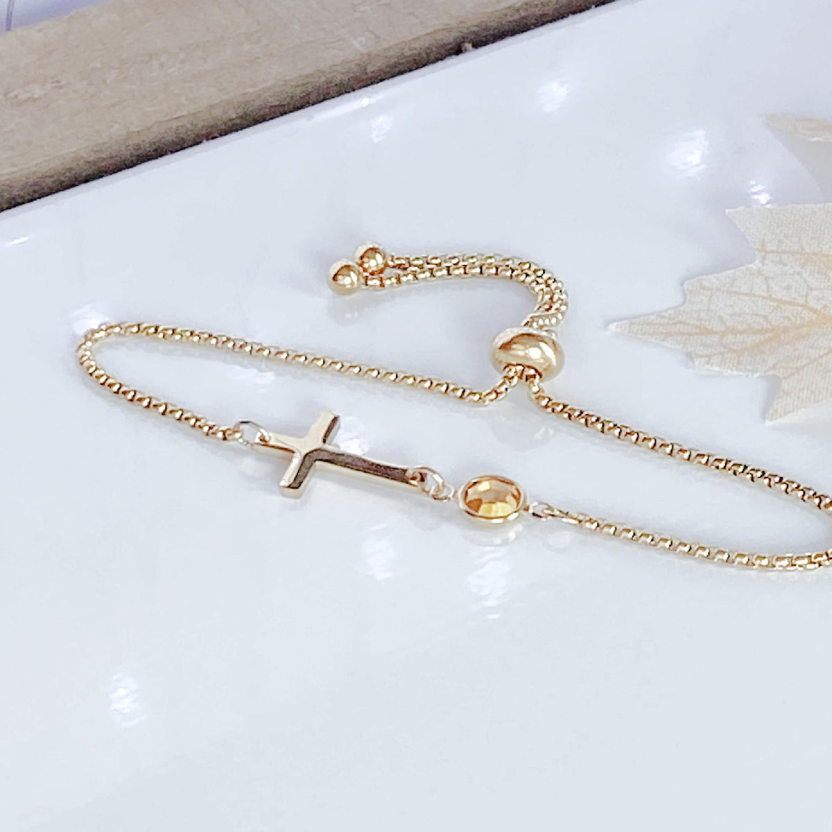 Personalized Dainty Cross Birthstone Bracelet