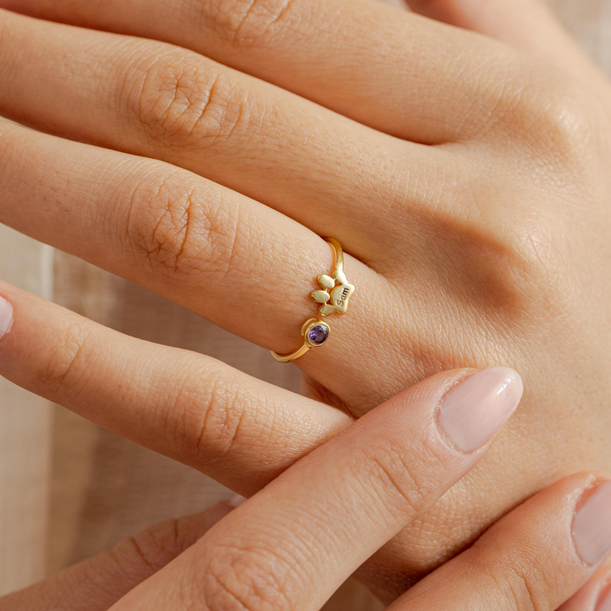 Personalized Engraved Paw Birthstone Ring Gift for Pet Lovers