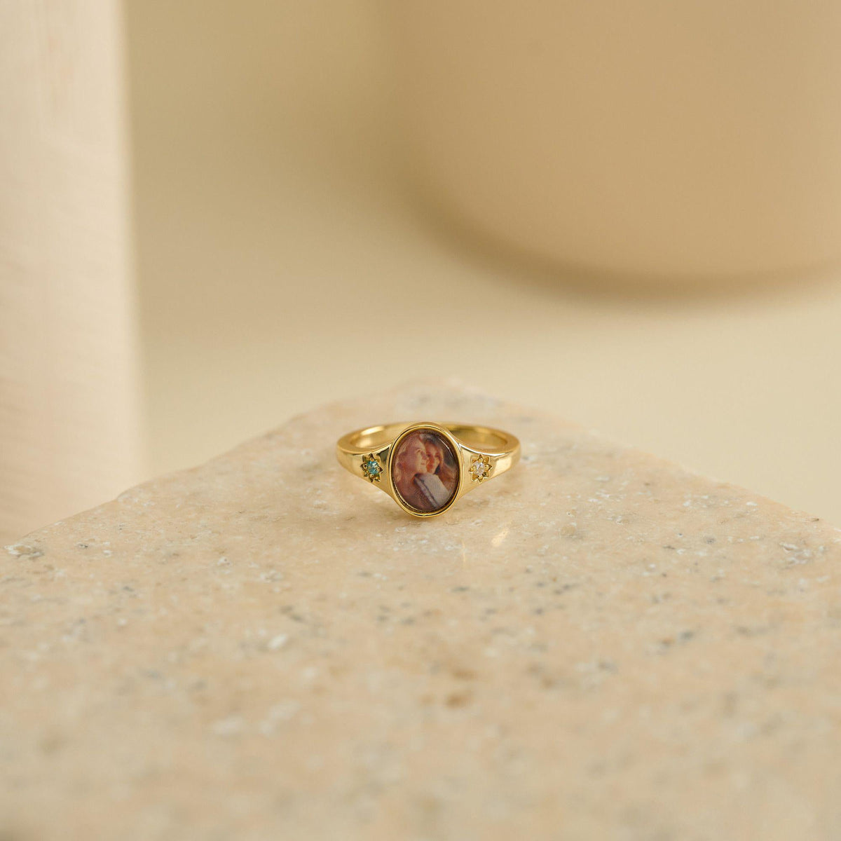 Oval Photo Ring With 2 Birthstones, Personalized Gift for Her