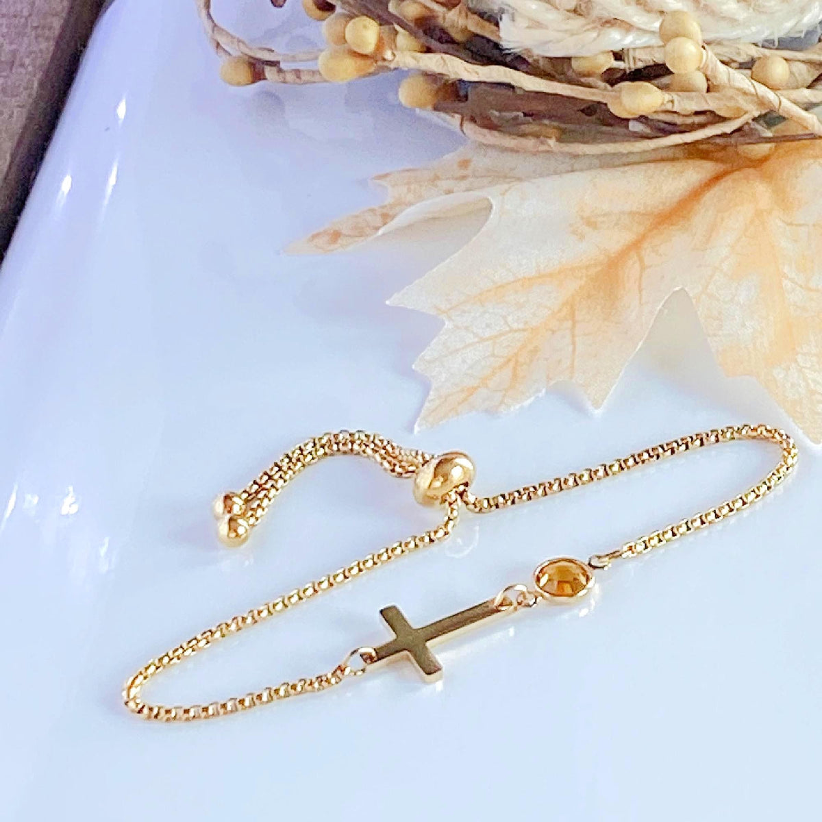 Personalized Dainty Cross Birthstone Bracelet