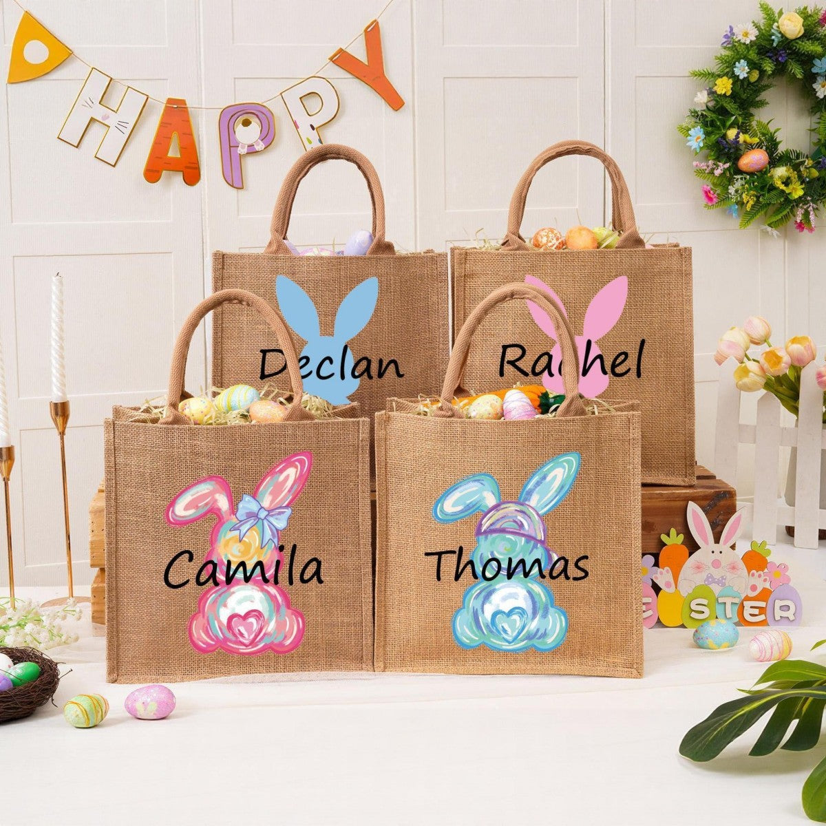 Custom Name Bunny Bag - Personalized Easter Jute Tote Bag, Kids Egg Hunt Bag