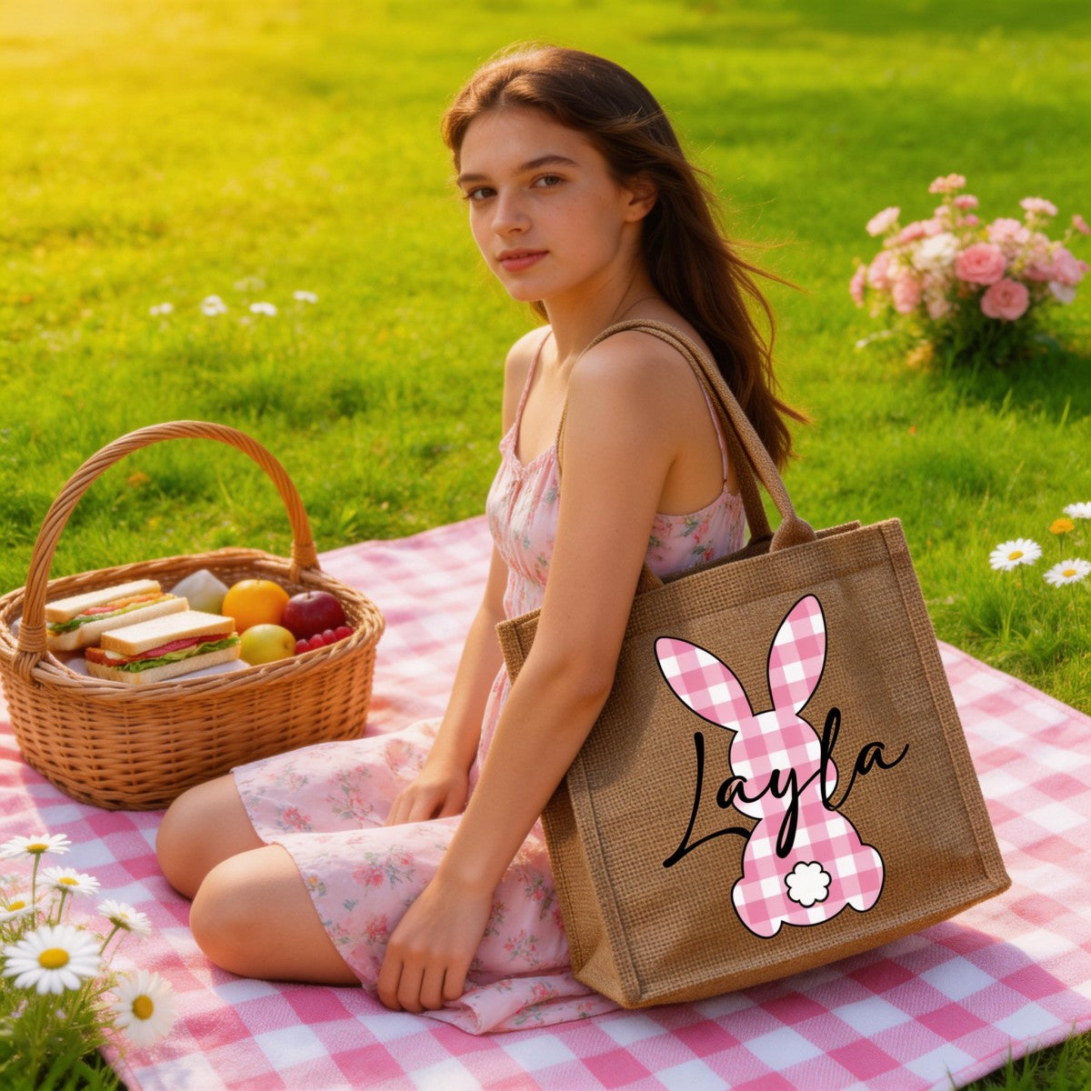 Custom Name Bunny Bag - Personalized Easter Jute Tote Bag, Kids Egg Hunt Bag