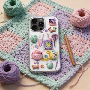 Yarn & Scissors, Personalized Clear Phone Case, Gift For Crafters And Sewers