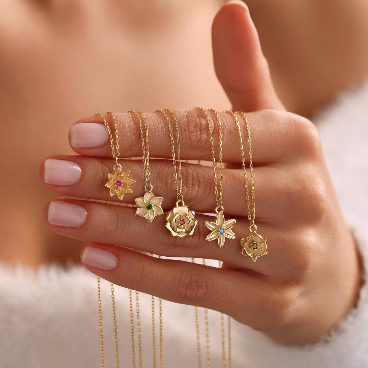 Gold Birth Flower Necklace with Birthstone