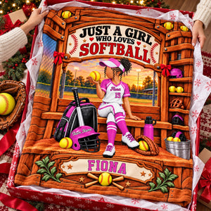"Just A Girl Who Loves Softball" Personalized Softball Blanket – Custom Player Name Gift For Softball Players & Softball Lovers