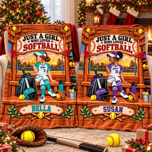 "Just A Girl Who Loves Softball" Personalized Softball Blanket – Custom Player Name Gift For Softball Players & Softball Lovers