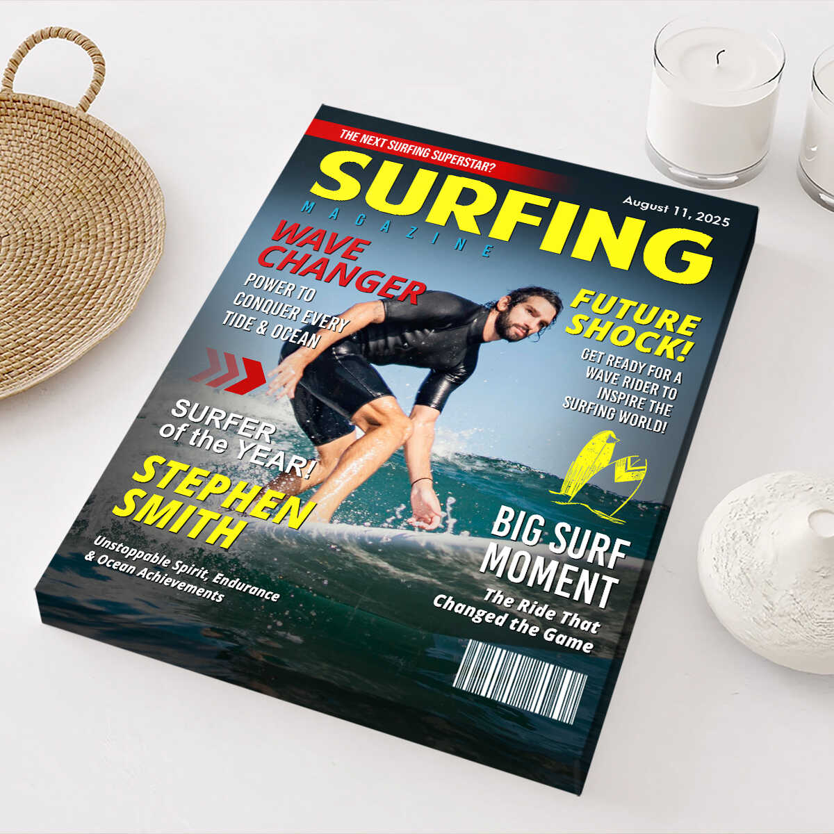 Personalized Surfing Photo Magazine Cover Canvas Gift For Surfers, Surfing Gift For Him
