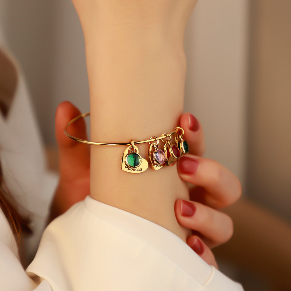 Personalized Name & Birthstone Family Bangle Heart Bracelet - For Mom/Grandma