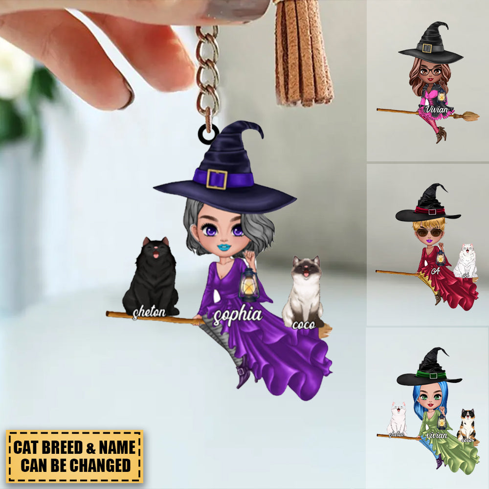 Witch Riding Broom Mystical Girl With Cute Cat Kitten Pet Personalized Keychain