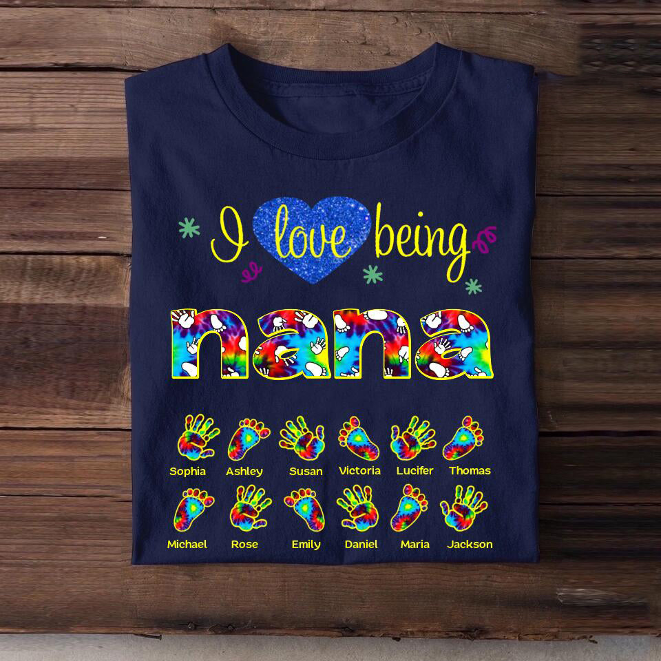 Personalized I Love Being Nana Grandma Title Hand Foot Kid Name T-Shirt