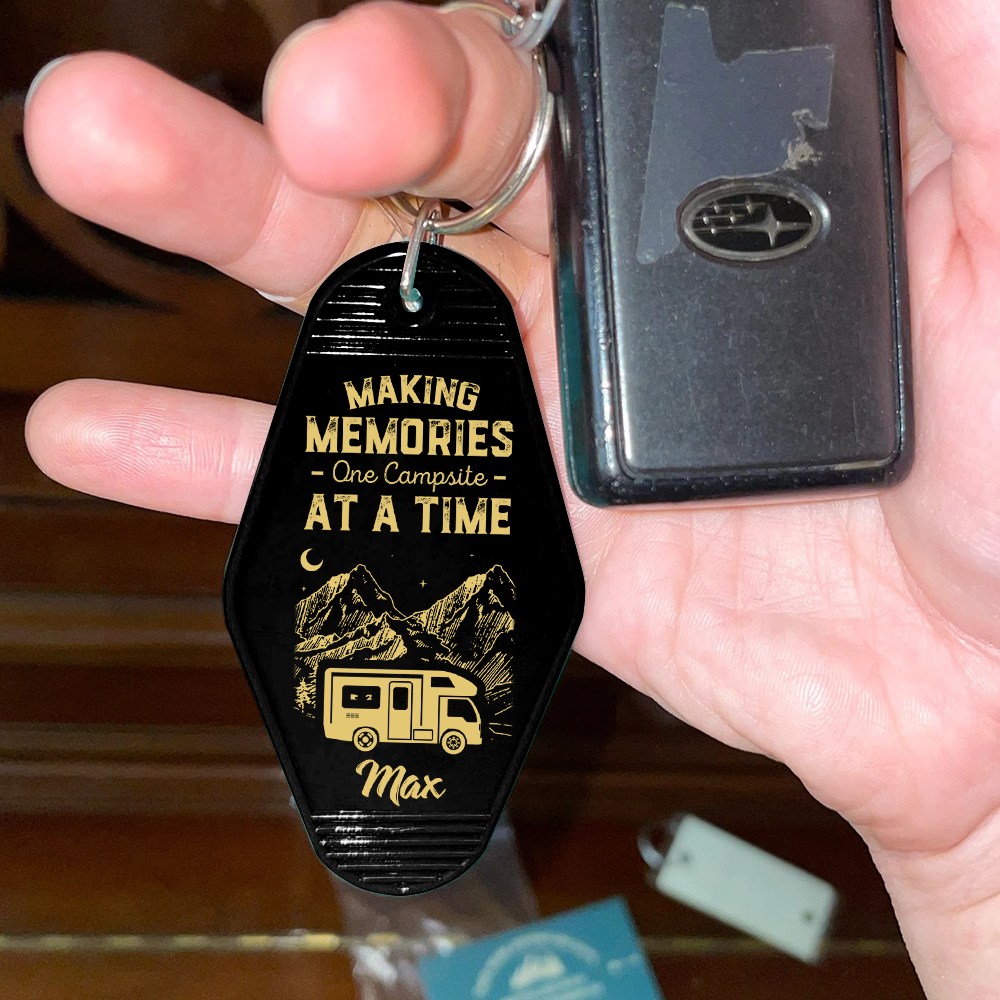 Custom Happy Camper Camping Vintage Motel Keychain, Gift For Camper