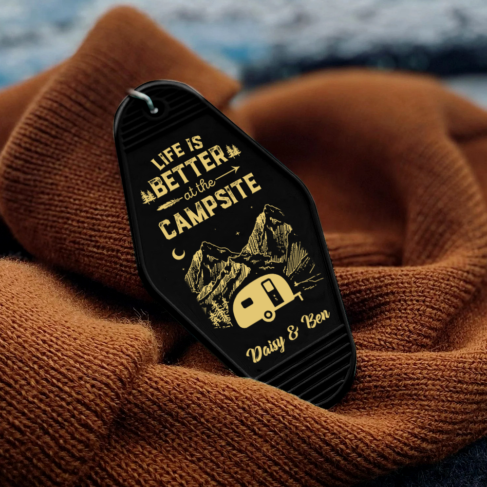 Custom Happy Camper Camping Vintage Motel Keychain, Gift For Camper