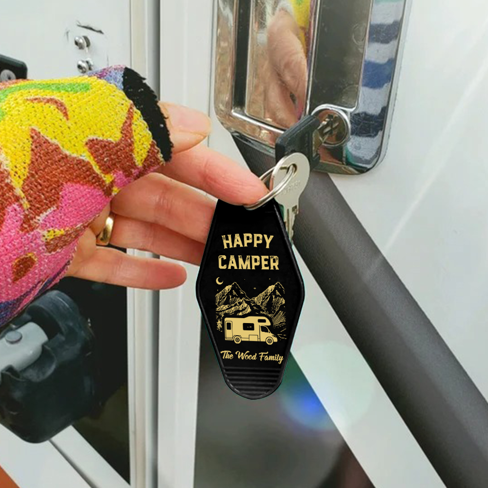 Custom Happy Camper Camping Vintage Motel Keychain, Gift For Camper