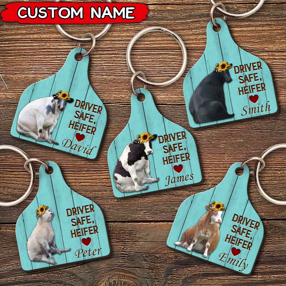Personalized Gift Drive Safe Heifer Cow Ear Tag Keychain