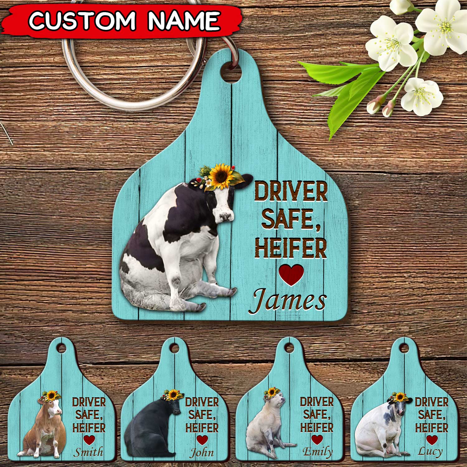 Personalized Gift Drive Safe Heifer Cow Ear Tag Keychain