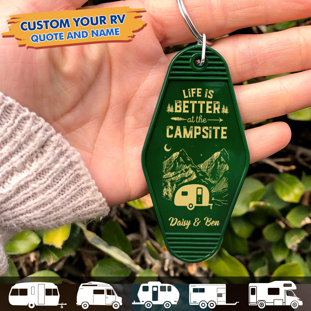 Custom Happy Camper Camping Vintage Motel Keychain, Gift For Camper