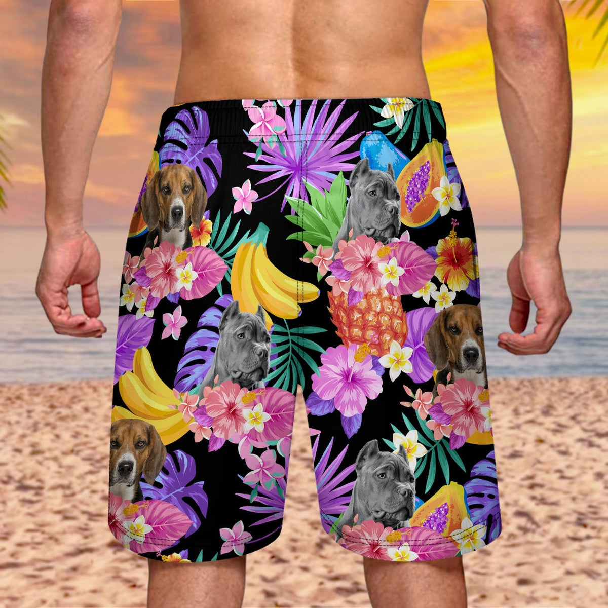 Custom Photo Funny Family Pet Face Black Colorful Tropical - Funny Gift For Pet Lovers- Personalized Unisex Beach Shorts